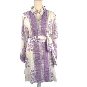 Victoria Dunn Purple Floral Block Print Cotton Tunic Dress 2XL Ruffle Neck